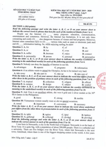 Kiểm tra học kì 1 Tiếng Anh Lớp 7 (Hệ 7 năm) - Sở GD&ĐT Đồng Tháp