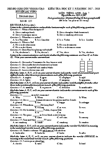 Kiểm tra học kì 1 Tiếng Anh Lớp 7 - Phòng GD&ĐT Lai Vung (Có đáp án)