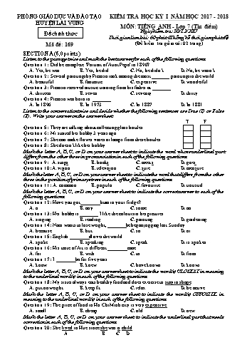 Kiểm tra học kì 1 Tiếng Anh Lớp 7 (Thí điểm) - Phòng GD&ĐT Lai Vung (Có đáp án)