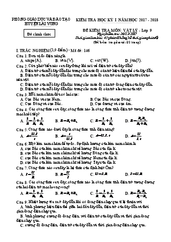 Kiểm tra học kì 1 Vật lí Lớp 9 - Phòng GD&ĐT Lai Vung (Có hướng dẫn chấm)