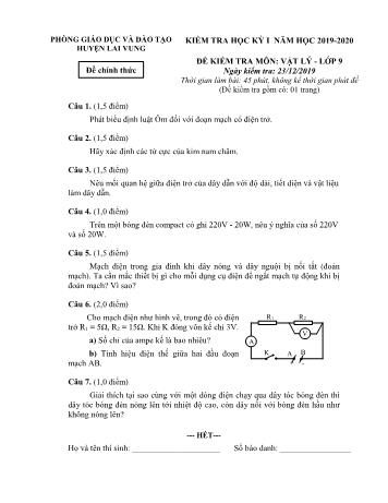 Kiểm tra học kì 1 Vật lí Lớp 9 - Phòng GD&ĐT Lai Vung