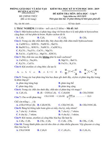 Kiểm tra học kì 2 Hóa học Lớp 9 - Phòng GD&ĐT Lai Vung (Có hướng dẫn chấm)