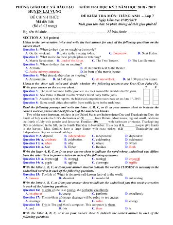 Kiểm tra học kì 2 Tiếng Anh Lớp 7 - Phòng GD&ĐT Lai Vung (Có hướng dẫn chấm)