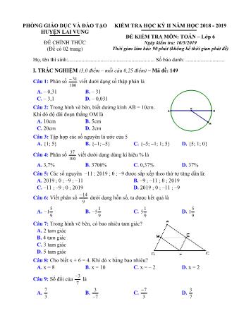 Kiểm tra học kì 2 Toán Lớp 6 - Phòng GD&ĐT Lai Vung (Có hướng dẫn chấm)