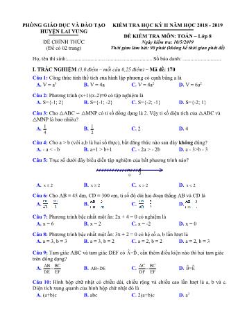 Kiểm tra học kì 2 Toán Lớp 8 - Phòng GD&ĐT Lai Vung (Có hướng dẫn chấm)