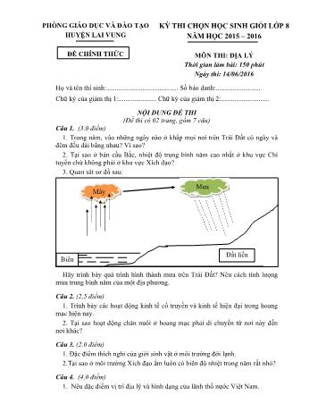 Kỳ thi chọn học sinh giỏi cấp huyện Lớp 8 môn Địa lí - Phòng GD&ĐT Lai Vung (Có hướng dẫn chấm)