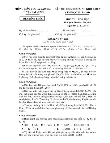 Kỳ thi chọn học sinh giỏi cấp huyện Lớp 9 môn Hóa học - Phòng GD&ĐT Lai Vung (Có hướng dẫn chấm)