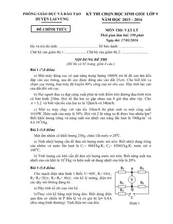 Kỳ thi chọn học sinh giỏi cấp huyện Lớp 9 môn Vật lí - Phòng GD&ĐT Lai Vung (Có hướng dẫn chấm)