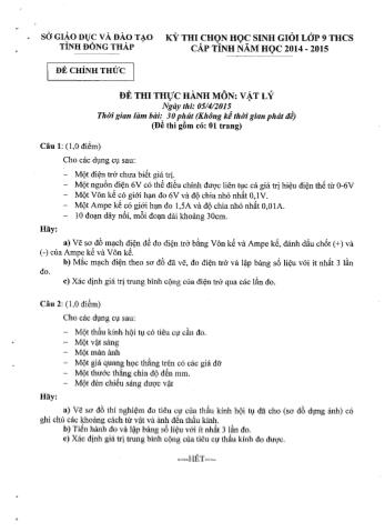 Kỳ thi chọn học sinh giỏi cấp tỉnh Khối 9 môn Vật lí - Sở GD&ĐT tỉnh Đồng Tháp (Có hướng dẫn chấm)