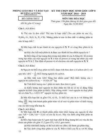 Kỳ thi chọn học sinh giỏi Lớp 8 môn Hóa học - Phòng GD&ĐT Lai Vung (Có hướng dẫn chấm)