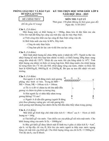 Kỳ thi chọn học sinh giỏi Lớp 8 môn Vật lí - Phòng GD&ĐT Lai Vung (Có hướng dẫn chấm)