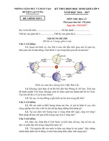 Kỳ thi chọn học sinh giỏi Lớp 9 môn Địa lí - Phòng GD&ĐT huyện Lai Vung (Có hướng dẫn chấm)