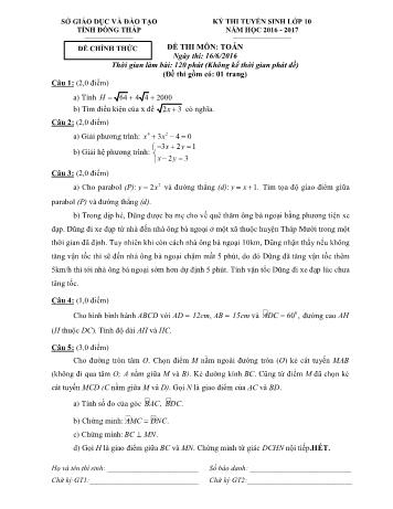 Kỳ thi tuyển sinh Lớp 10 môn Toán - Sở GD&ĐT tỉnh Đồng Tháp