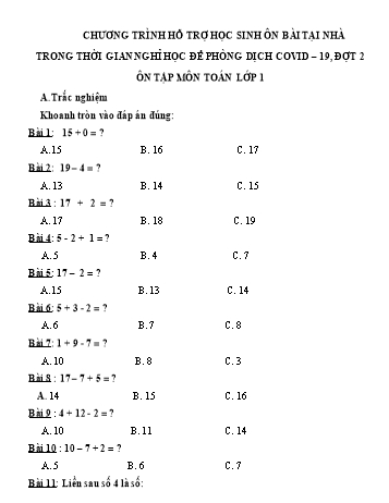 Ôn tập thời gian nghỉ dịch Toán Lớp 1 (Đợt 2) - Trường Tiểu học Thường Thới Hậu A