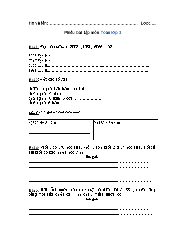 Phiếu bài tập Toán Lớp 3 - Trường Tiểu học Thường Thới Hậu A