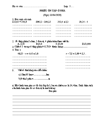 Phiếu ôn tập ở nhà Toán và Tiếng Việt Lớp 5 - Trường Tiểu học Phú Thuận A2