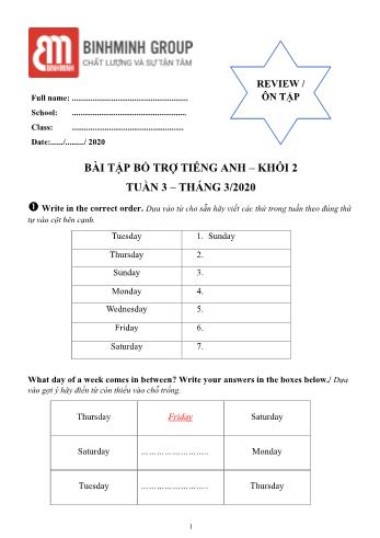 Bài tập bổ trợ môn Tiếng Anh Lớp 2 - Tuần 3, Tháng 3 - Trường Tiểu học Nguyễn Tuân