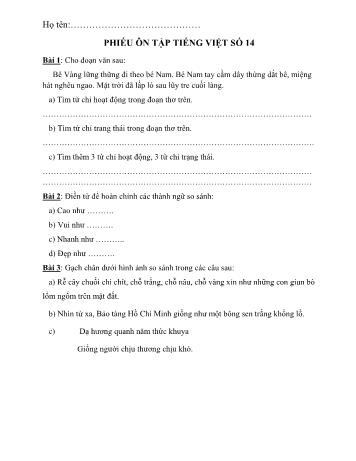 Phiếu ôn tập Số 14 môn Toán + Tiếng Việt Lớp 3 - Trường Tiểu học Nguyễn Tuân