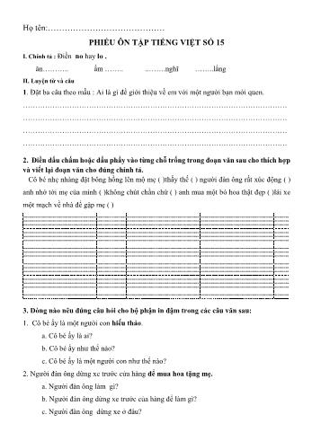Phiếu ôn tập Số 15 môn Toán + Tiếng Việt Lớp 3 - Trường Tiểu học Nguyễn Tuân