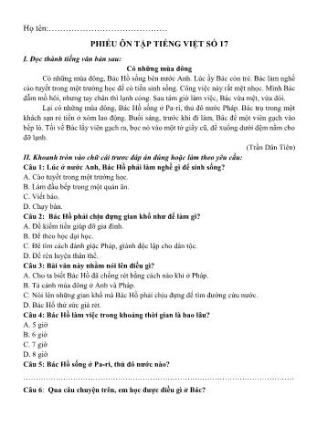 Phiếu ôn tập Số 17 môn Toán + Tiếng Việt Lớp 3 - Trường Tiểu học Nguyễn Tuân