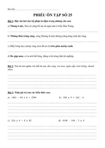 Phiếu ôn tập Số 27 môn Toán + Tiếng Việt Lớp 3 - Trường Tiểu học Nguyễn Tuân