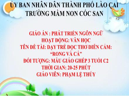 Bài giảng Mầm non Lớp Mầm - Đề tài: Dạy trẻ đọc thơ diễn cảm Rong và cá - Phạm Lệ Thủy