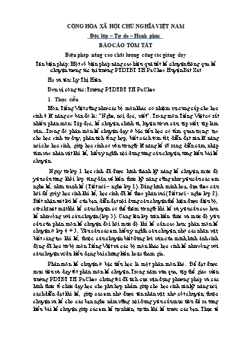 Báo cáo tóm tắt Một số biện pháp nâng cao hiệu quả tiết kể chuyện thông qua kể chuyện tương tác tại trường phổ thông dân tộc bán trú Tiểu học Pa Cheo Huyện Bát Xát - Lý Thị Hiên