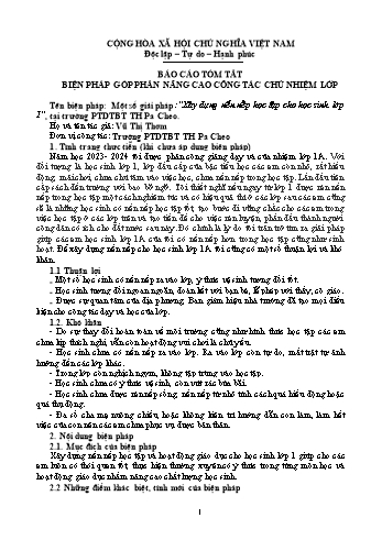 Báo cáo tóm tắt Một số giải pháp Xây dựng nền nếp học tập cho học sinh lớp 1 tại trường Phổ thông dân tộc bán trú Tiểu học Pa Cheo - Vũ Thị Thơm