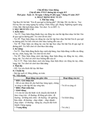 Giáo án Mầm non - Chủ đề lớn: Giao thông - Chủ điểm nhỏ: Phương tiện giao thông đường bộ và ngày 8/3 - Năm học 2024-2025 - Trần Thị Thu Hà