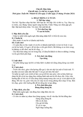 Giáo án Mầm non - Chủ điểm lớn: Bản thân - Chủ điểm nhỏ: Cơ thể bé và ngày 20/10 - Năm học 2024-2025 - Lý Thị Thắm