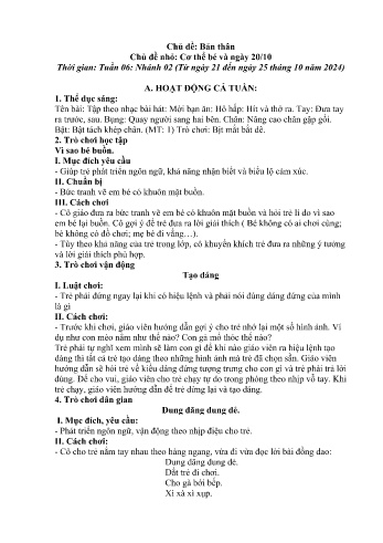 Giáo án Mầm non - Chủ điểm lớn: Bản thân - Chủ điểm nhỏ: Cơ thể bé và ngày 20/10 - Năm học 2024-2025 - Sùng Thị Du