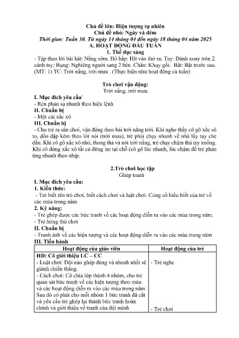 Giáo án Mầm non - Chủ điểm lớn: Hiện tượng tự nhiên - Chủ điểm nhỏ: Ngày và đêm - Năm học 2024-2025 - Trần Thị Thu Hà