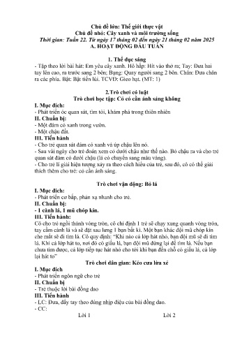 Giáo án Mầm non - Chủ điểm lớn: Thế giới thực vật - Chủ điểm nhỏ: Cây xanh và môi trường sống - Năm học 2024-2025 - Trần Thị Thu Hà