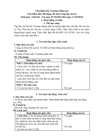 Giáo án Mầm non - Chủ điểm lớn: Trường Mầm non - Chủ điểm nhỏ: Đồ dùng, đồ chơi trong lớp của bé - Năm học 2024-2025 - Hoàng Thị Xuyến
