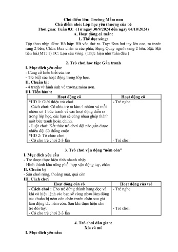 Giáo án Mầm non - Chủ điểm lớn: Trường Mầm non - Chủ điểm nhỏ: Lớp học yêu thương của bé - Năm học 2024-2025 - Trần Thị Thu Hà