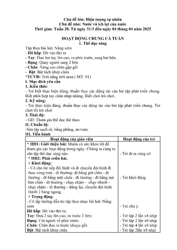 Giáo án Mầm non Lớp Chồi - Chủ đề lớn: Hiện tượng tự nhiên - Chủ đề nhỏ: Nước và ích lợi của nước - Năm học 2024-2025 - Hoàng Thị Xuyến