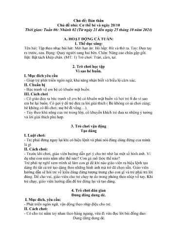 Giáo án Mầm non Lớp Lá - Chủ điểm lớn: Bản thân - Chủ điểm nhỏ: Cơ thể bé và ngày 20/10 - Năm học 2024-2025 - Hoàng Thị Xuyến