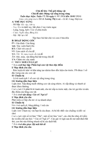 Giáo án Mầm non Lớp Mầm - Chủ đề lớn: Thế giới động vật - Chủ đề nhỏ: Động vật sống trong rừng - Năm học 2024-2025 - Lương Thị Linh